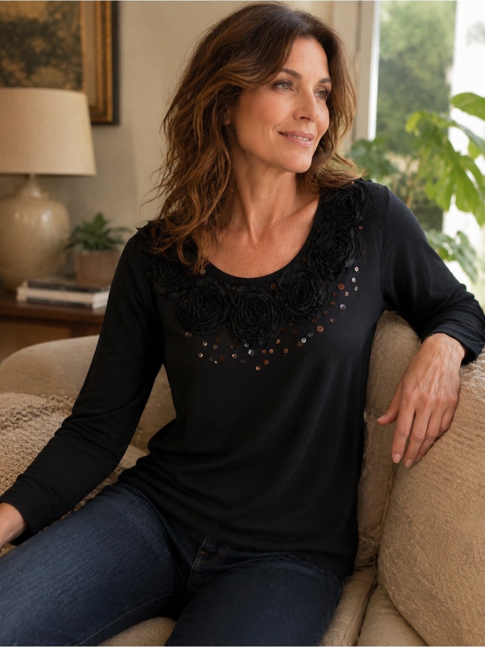 Carolyn Taylor 1X Black‎ Rosette Floral Sequin Long Sleeve Knit Top Plus Size